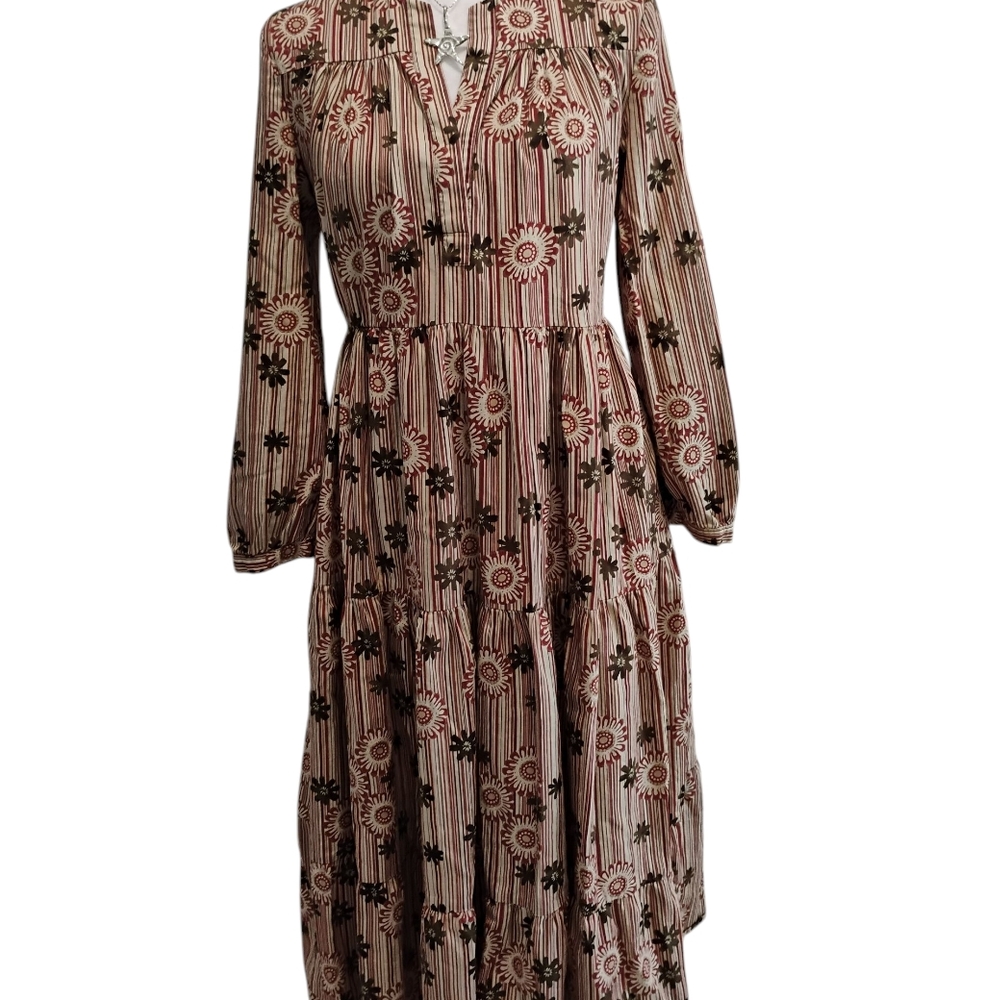 Zara Red and Cream Floral Long Sleeve Dress